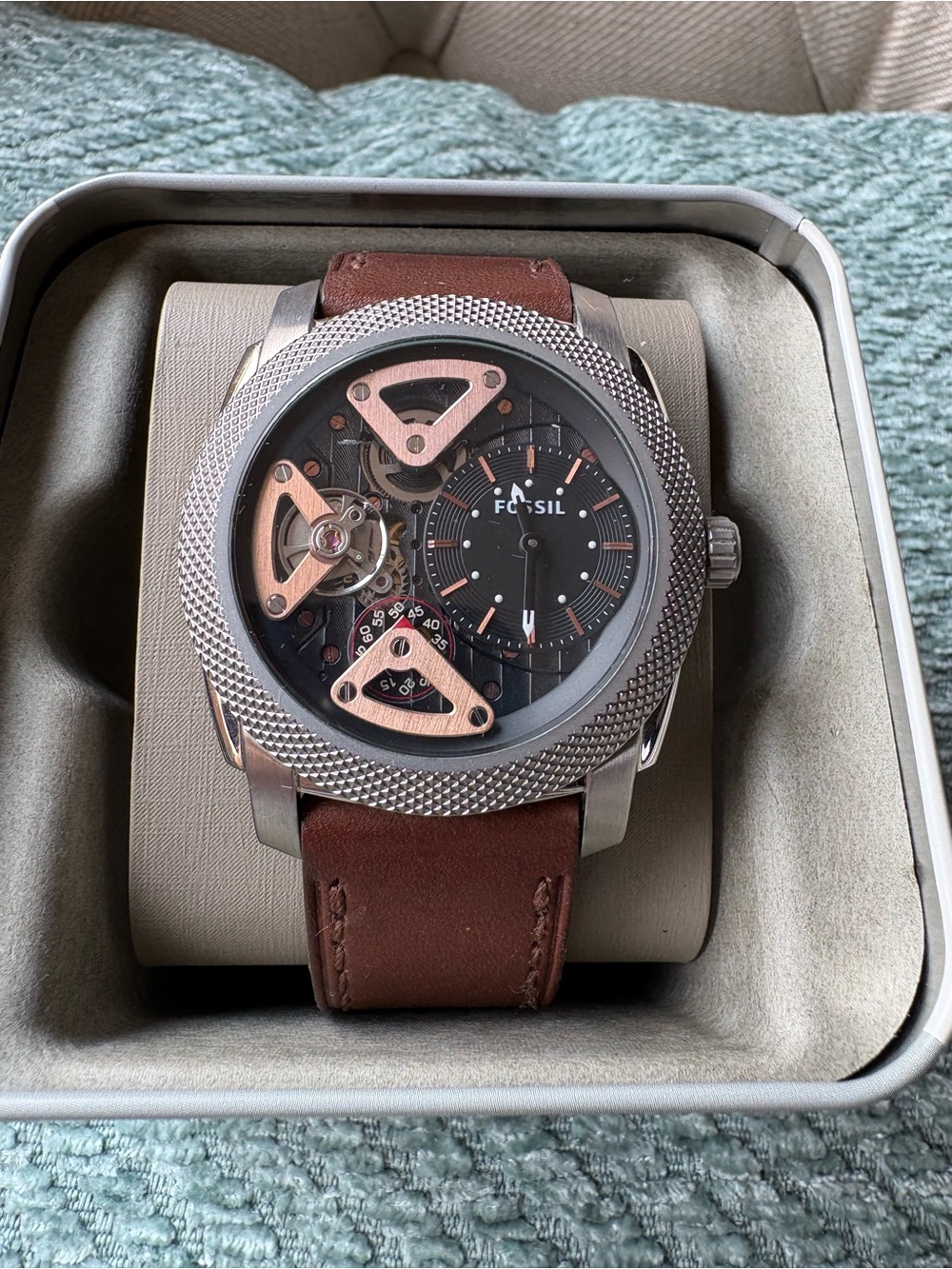 Fossil ME1157 Automatic Skeleton Watch | Brown Genuine Leather | Original Tin